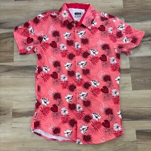 XIOS Button Down Shirt Mens Small Tropical Floral Cotton Stretch Coral Summer S
